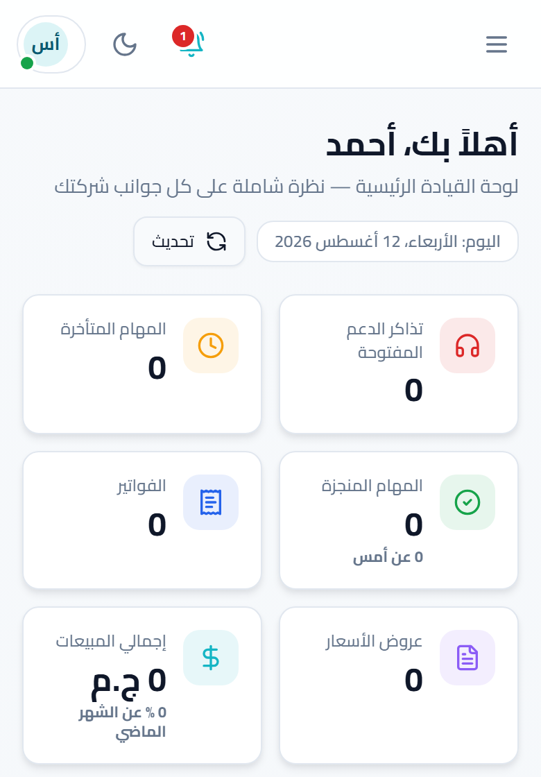 لقطة شاشة: لوحة التحكم